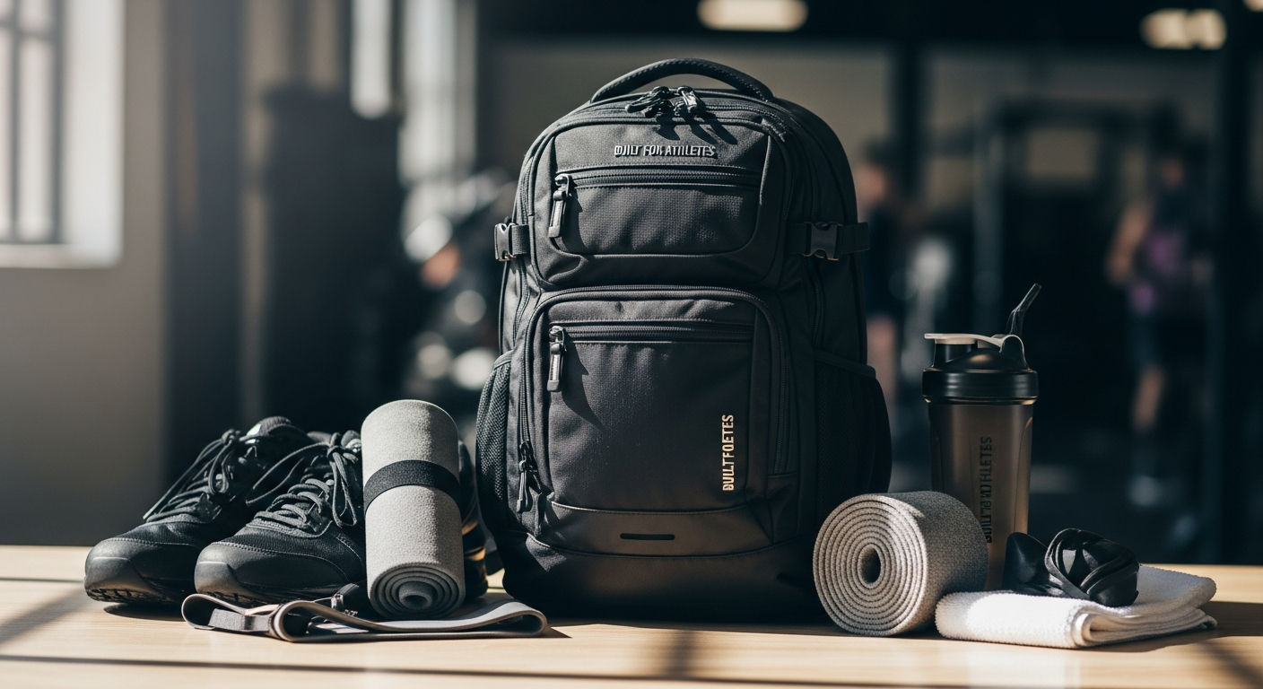 Built For Athletes Pro Series 45L gym backpack in military gray with multiple compartments displayed