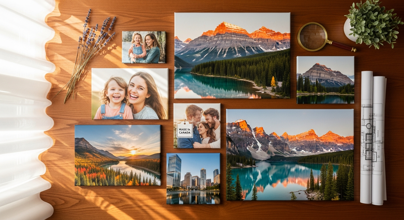 Custom photo canvas prints displayed on living room wall showing family memories