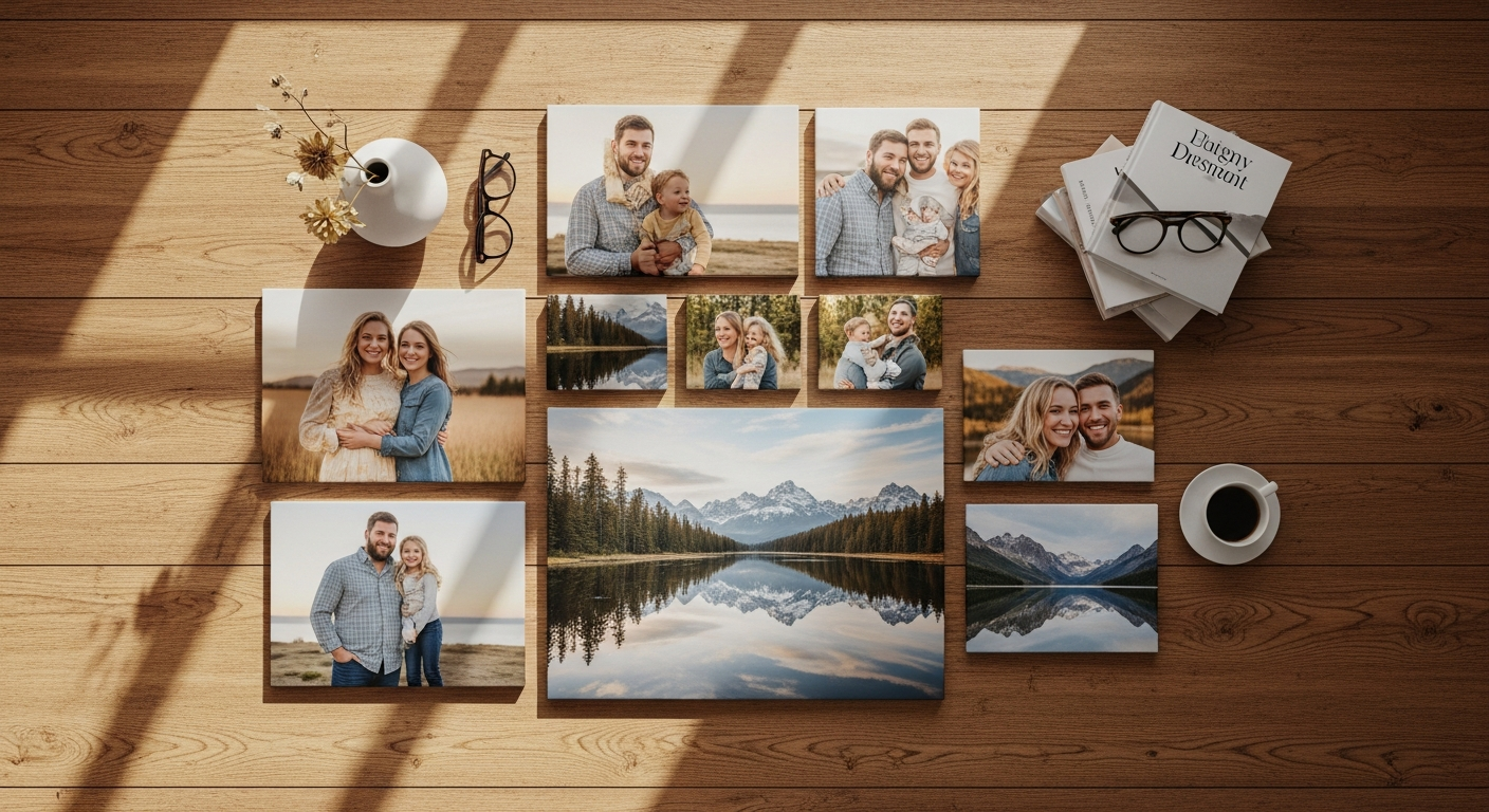Custom photo canvas prints displayed on living room wall showing vibrant colors and professional quality
