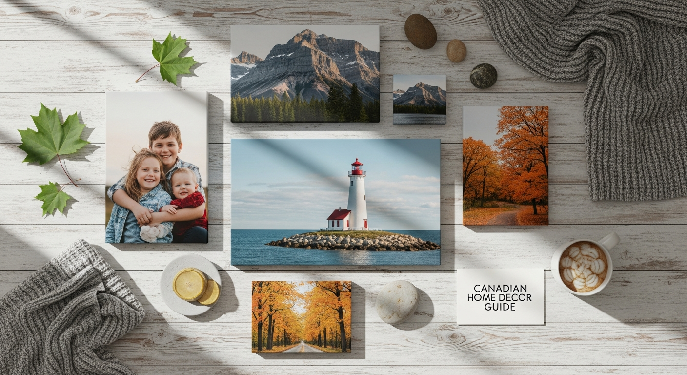 Custom photo canvas print displayed on living room wall above sofa