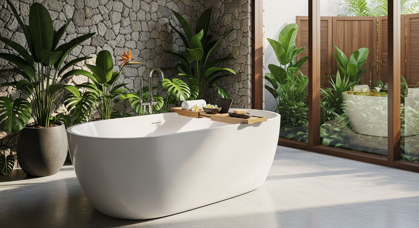 Designbaeder Bali freestanding bathtub in modern luxury bathroom setting