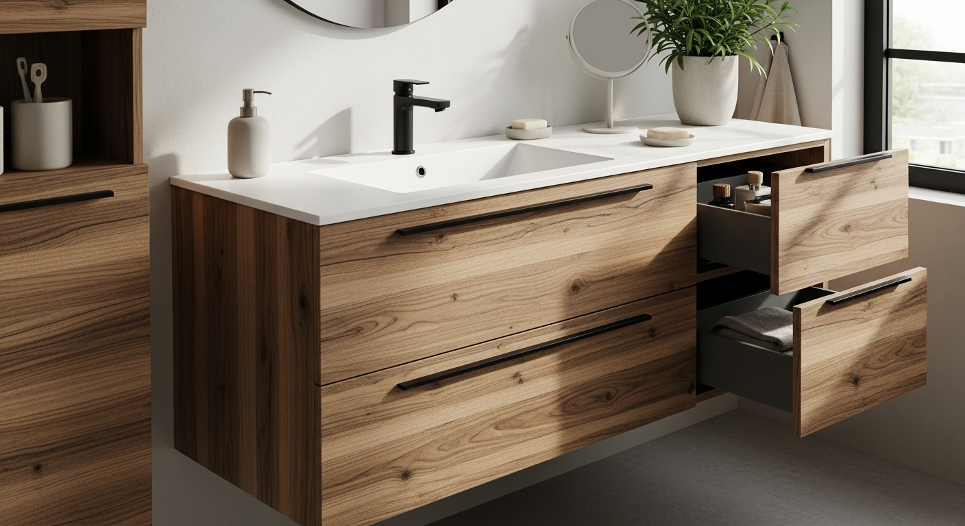 Modern luxury bathroom vanity with integrated washbasin and premium storage solutions