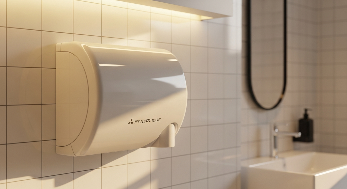 Mitsubishi Jet Towel Wave u02 hand dryer mounted in modern hospitality washroom