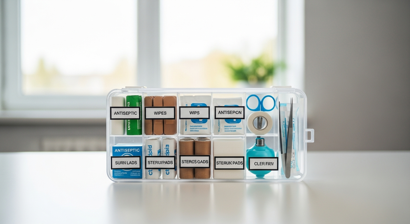 Organized workplace first aid kit with medical supplies and safety equipment