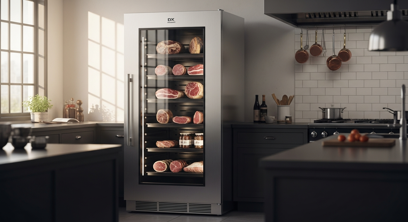 DRY AGER DX 1000 Premium S stainless steel dry aging cabinet with glass door and removable shelves
