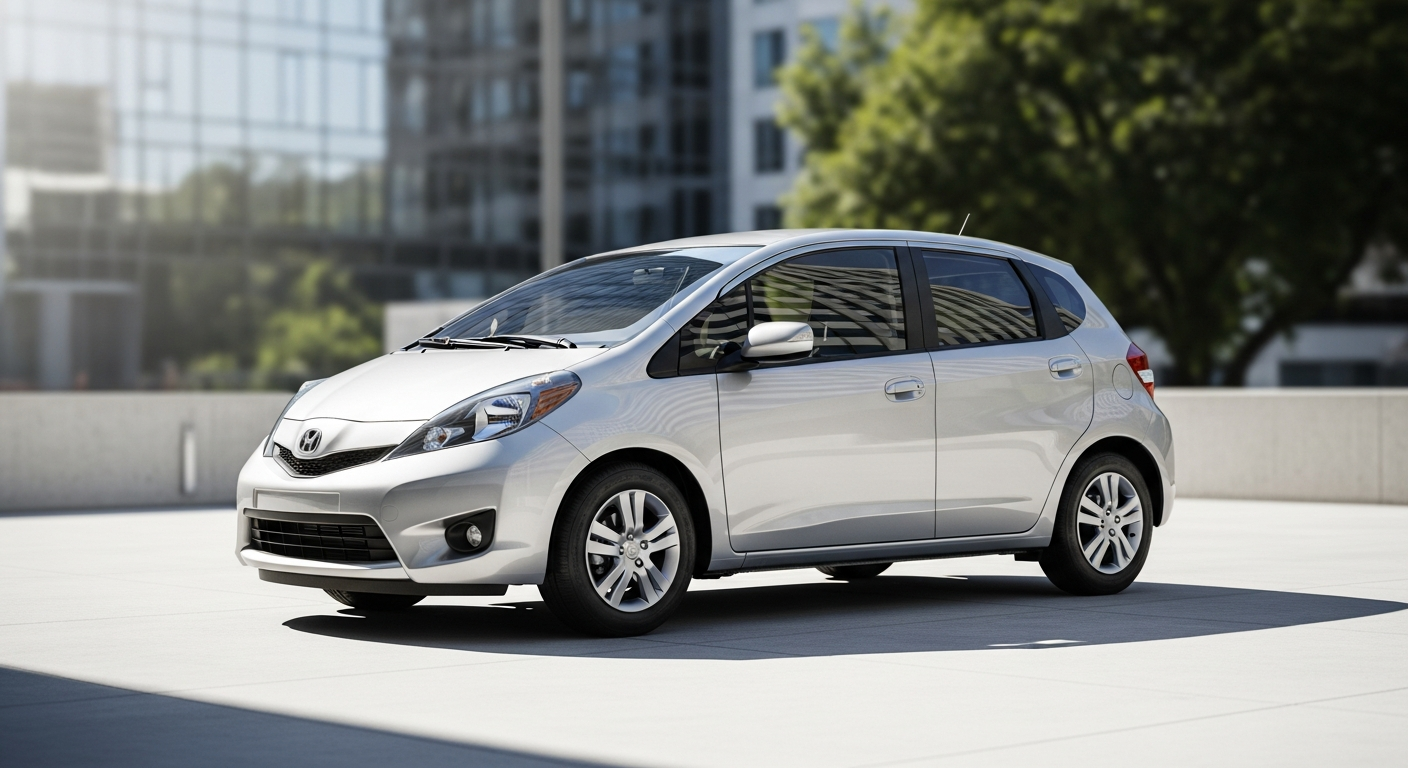 Compact silver economy car parked on urban city street