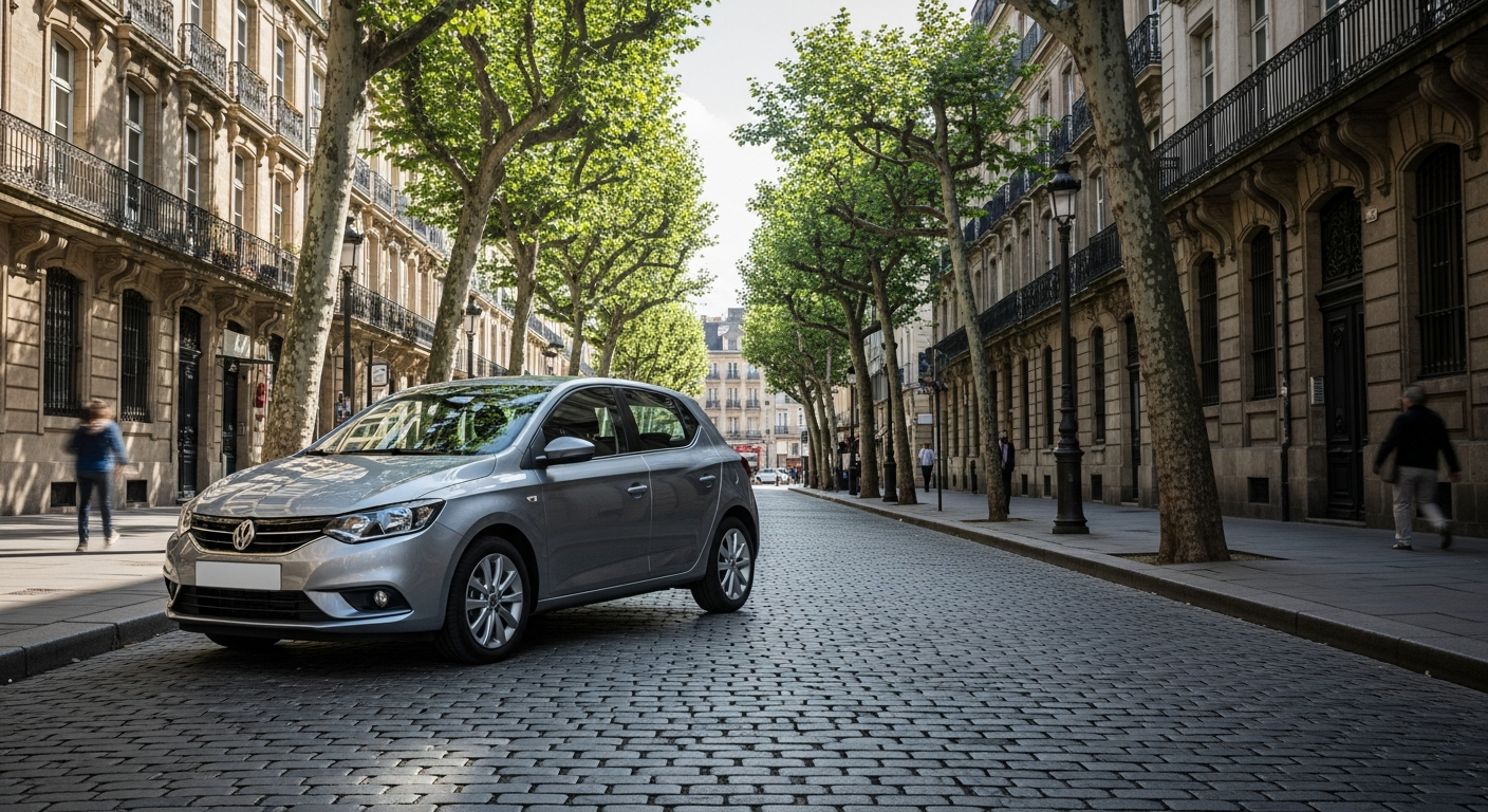 Compact silver economy car parked on urban city street