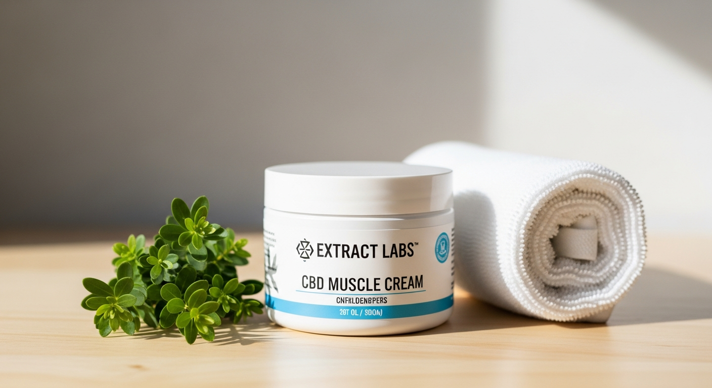 Extract Labs Organic CBD Muscle Cream jar with menthol and arnica ingredients displayed