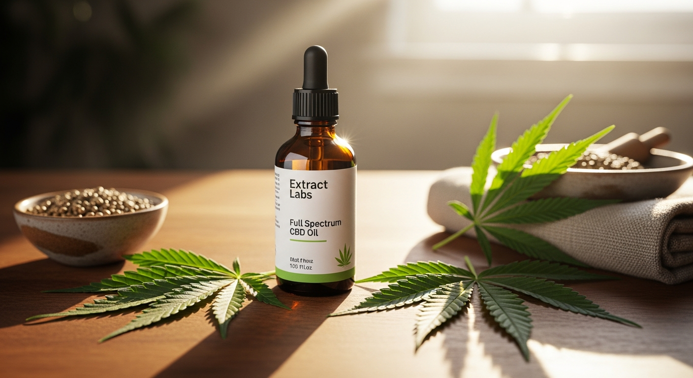 Extract Labs Full Spectrum CBD Oil tincture bottle with dropper on white background