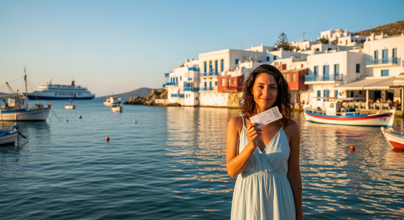 Greek island ferry boat sailing between Aegean islands with blue water