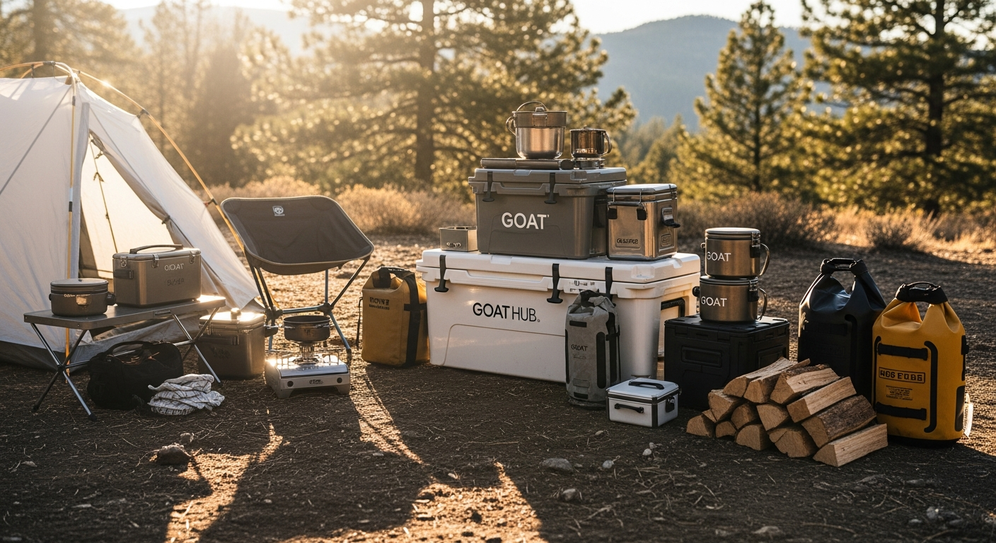 GOAT HUB Modular Cooler System with turret-mounted GOAT CANs at hunting basecamp