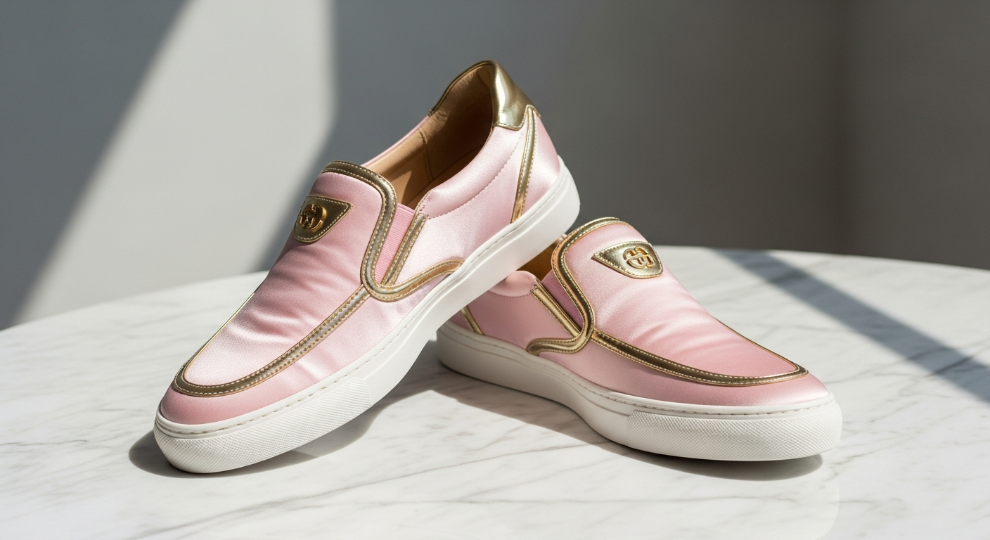 Pink and gold detail slip-on sneakers displayed on white background