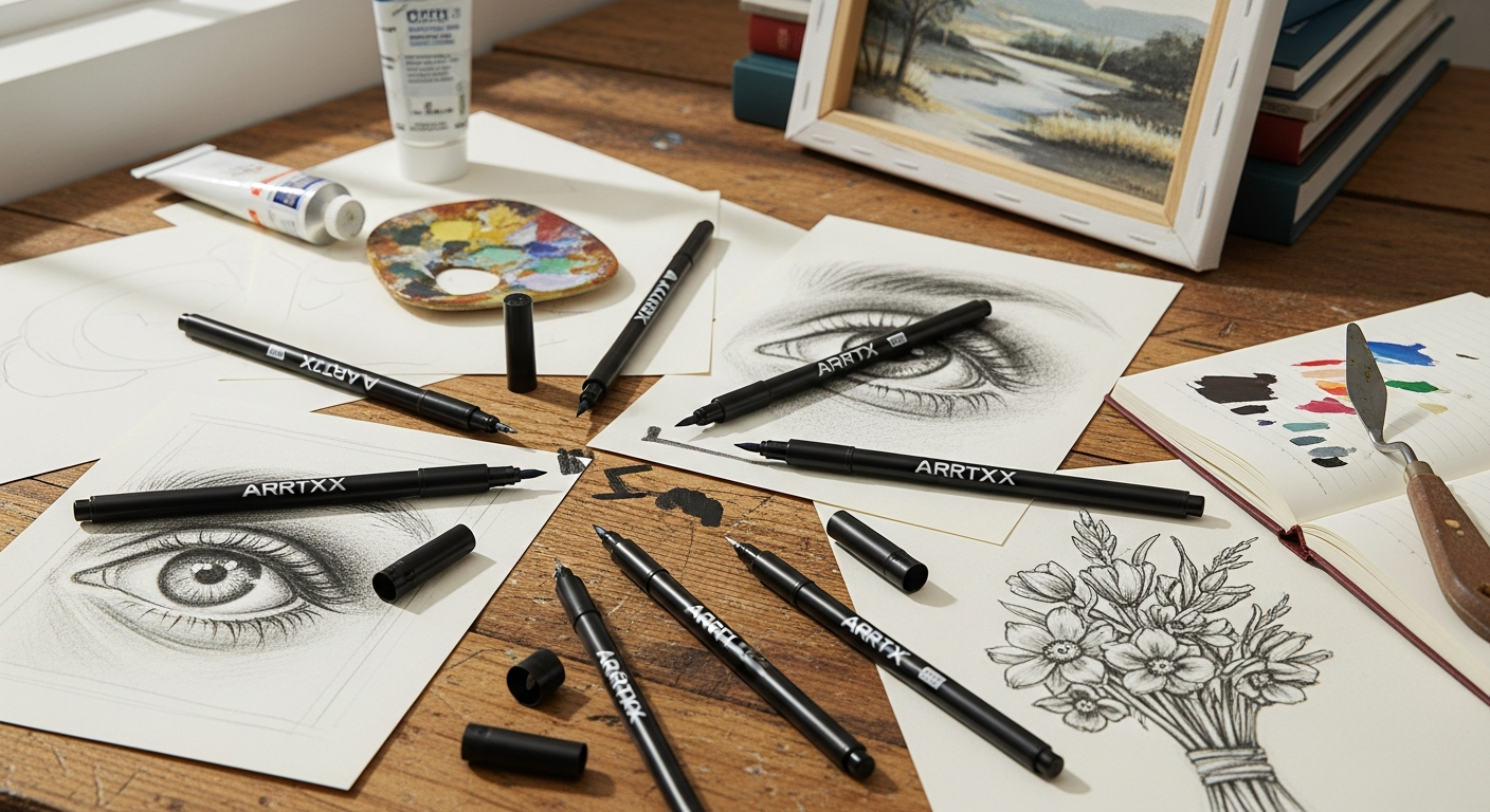 Arrtx black acrylic paint pens set displayed with colorful painted rocks and canvas artwork