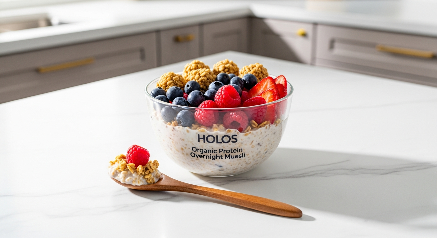 HOLOS Organic Protein Overnight Muesli pouch with fresh berries and milk jar