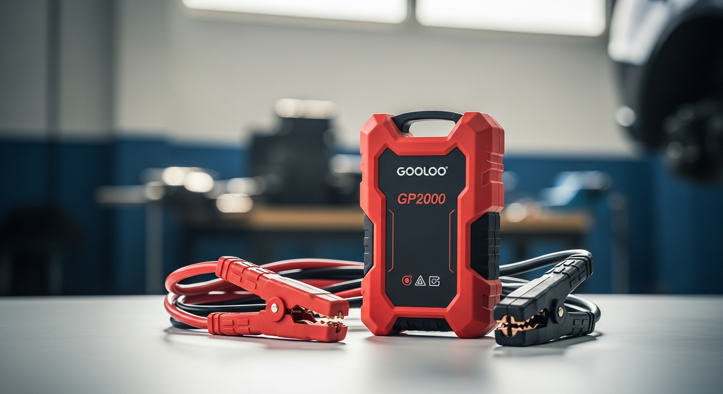 GOOLOO GP2000 portable car jump starter with LED flashlight and USB charging ports displayed on white background