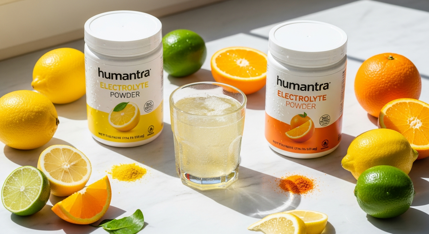 Humantra Electrolyte Powder sachet with natural fruit flavors and clean ingredients displayed