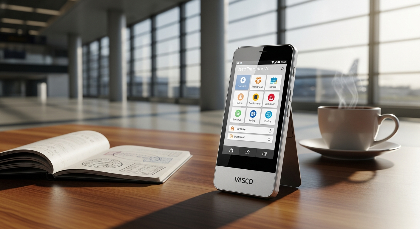 Vasco Translator V4 handheld device displaying translation interface on touchscreen