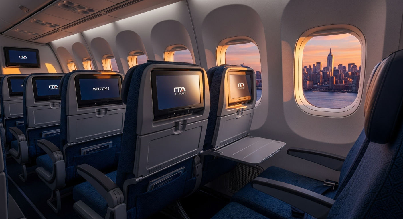 ITA Airways modern aircraft flying over Atlantic Ocean during daytime transatlantic flight