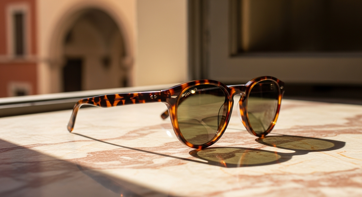 Handcrafted Italian acetate sunglasses with round frame design and tortoise colorway