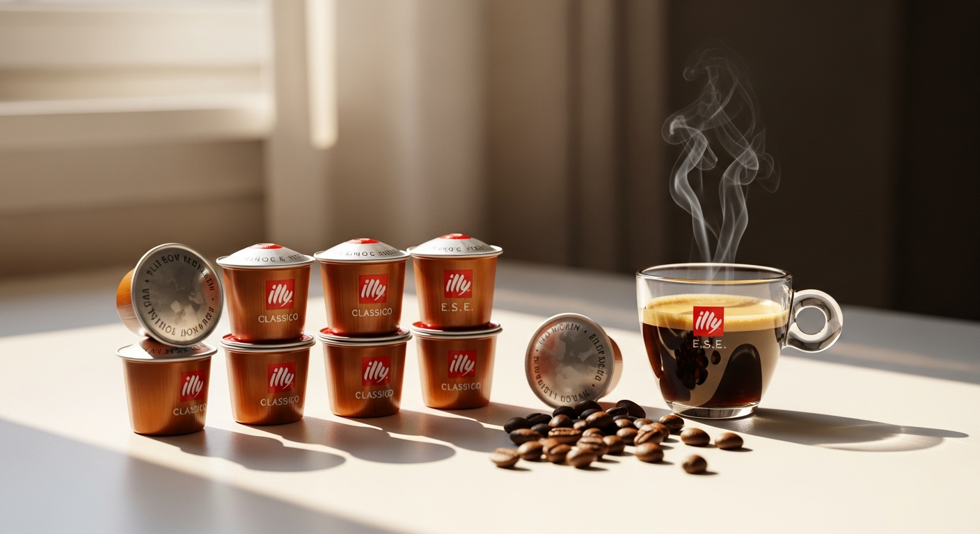 Illy E.S.E. Classico Medium Roast Espresso Pods in foil packaging displayed with espresso cup