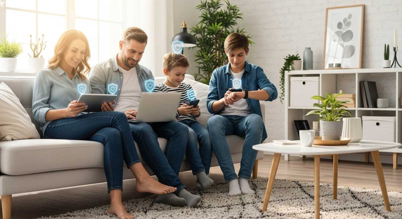 Family members using multiple devices protected by Kaspersky Premium security software
