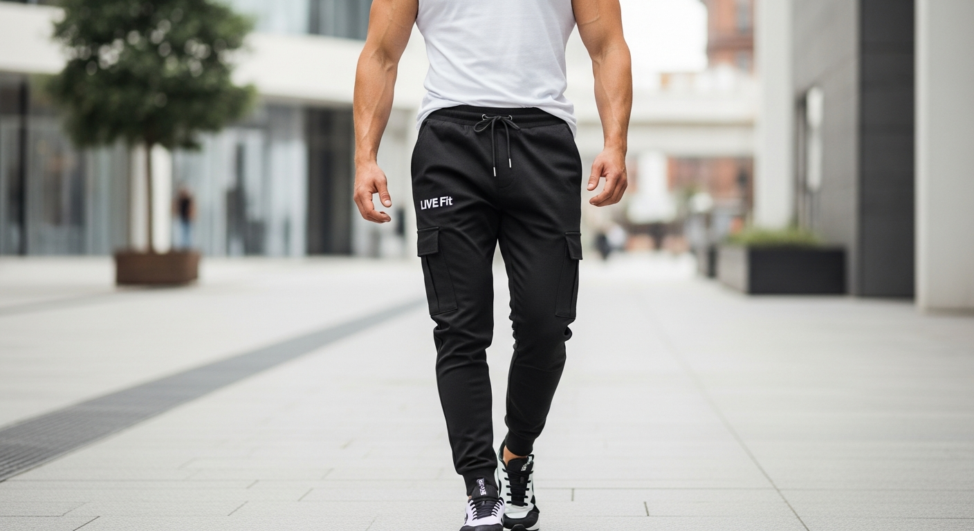LIVE Fit Apparel Athletics Cargo Joggers in black with visible cargo pockets and tapered silhouette