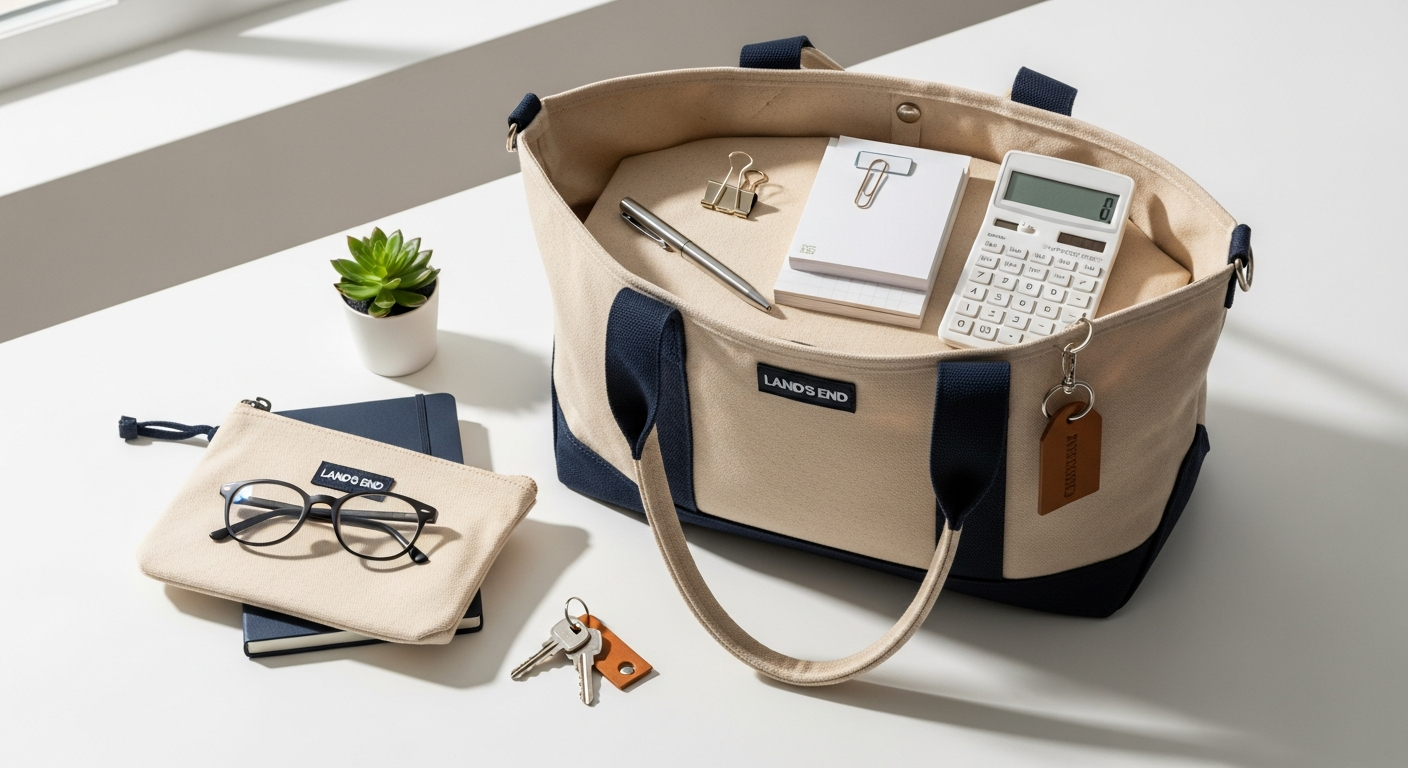 Land's End durable canvas tote bag displayed with professional work essentials