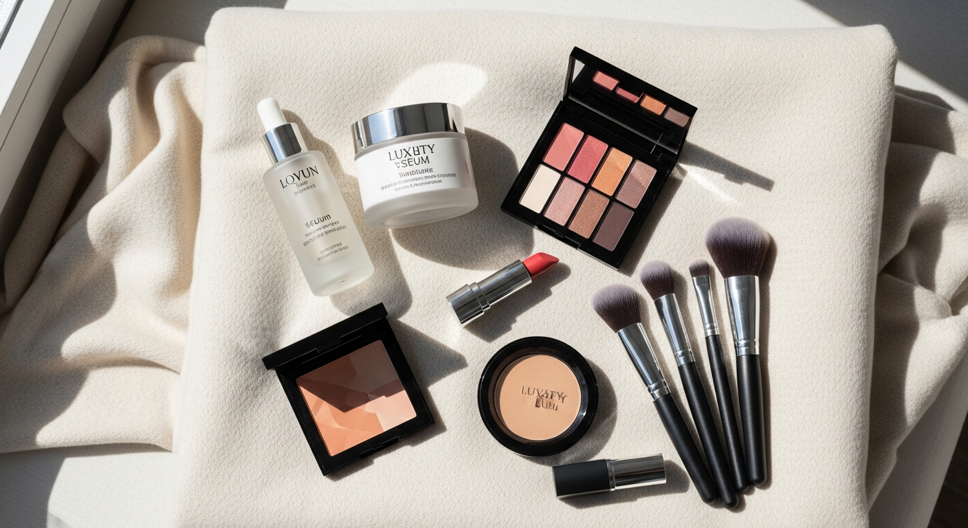 Woman holding personalized beauty box filled with makeup skincare and beauty products
