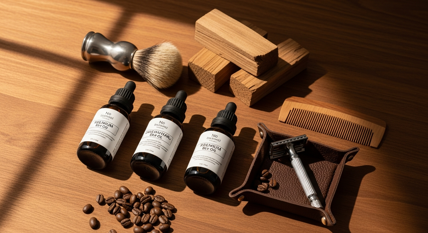Luxury beard oil bottle with natural ingredients and premium grooming aesthetic