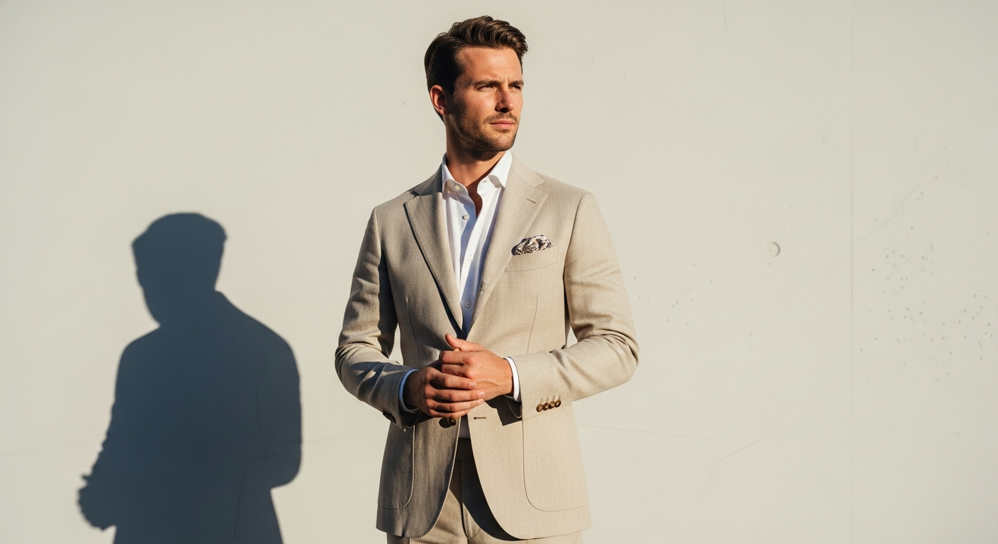 M.J. Bale Robertson Linen Suit in cream displayed on professional menswear model