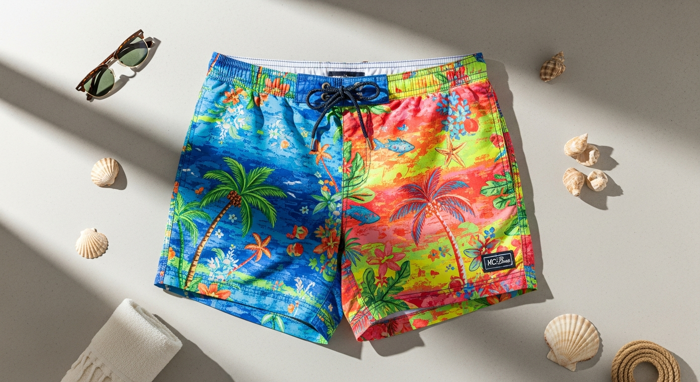 Colorful MC2 Saint Barth printed men's swim shorts displayed on beach background