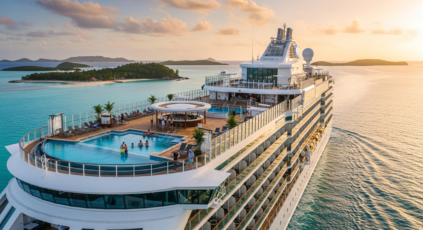 Modern cruise ship MSC Seascape sailing through Caribbean waters with ocean and islands