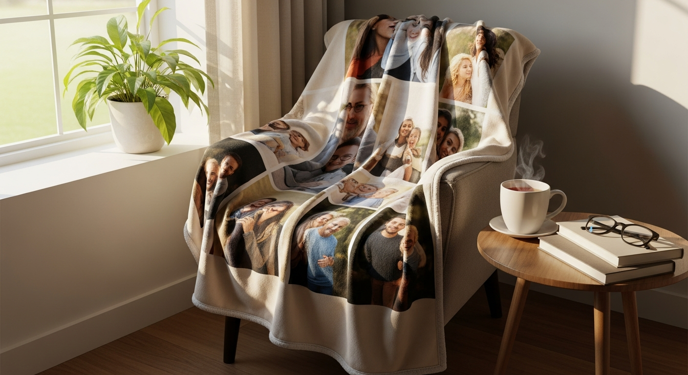 Cozy personalized photo blanket featuring family memories printed on soft sherpa fleece fabric