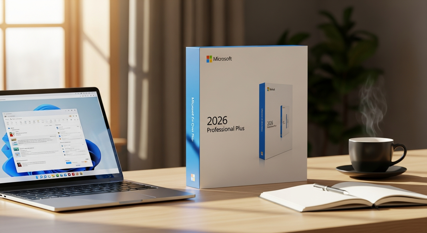 Microsoft Office 2026 Professional Plus License box with productivity application icons displayed