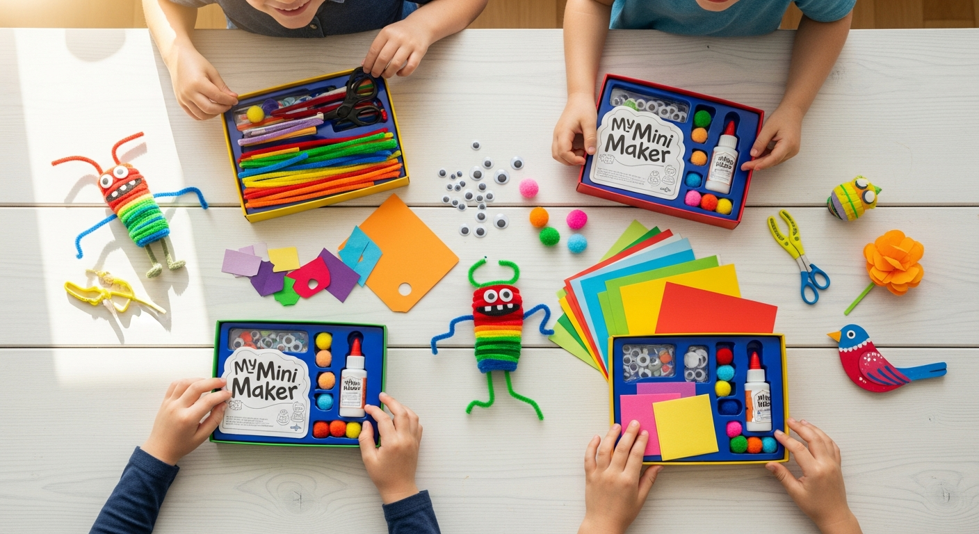 Colorful monthly activity kit box with craft supplies and themed materials for children