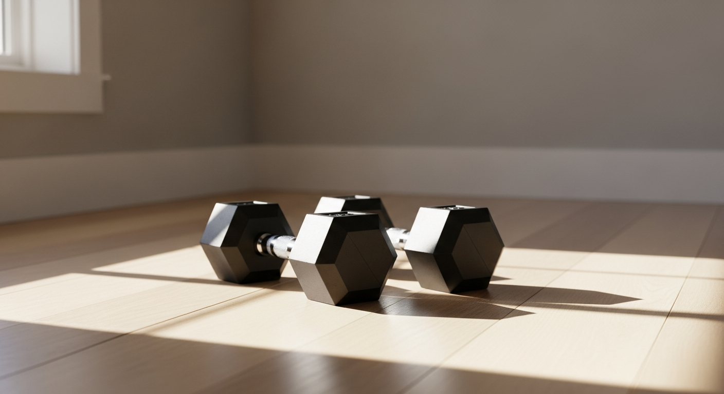 NORTHERN Hex Dumbbells arranged in a home gym setting with rubber coating visible
