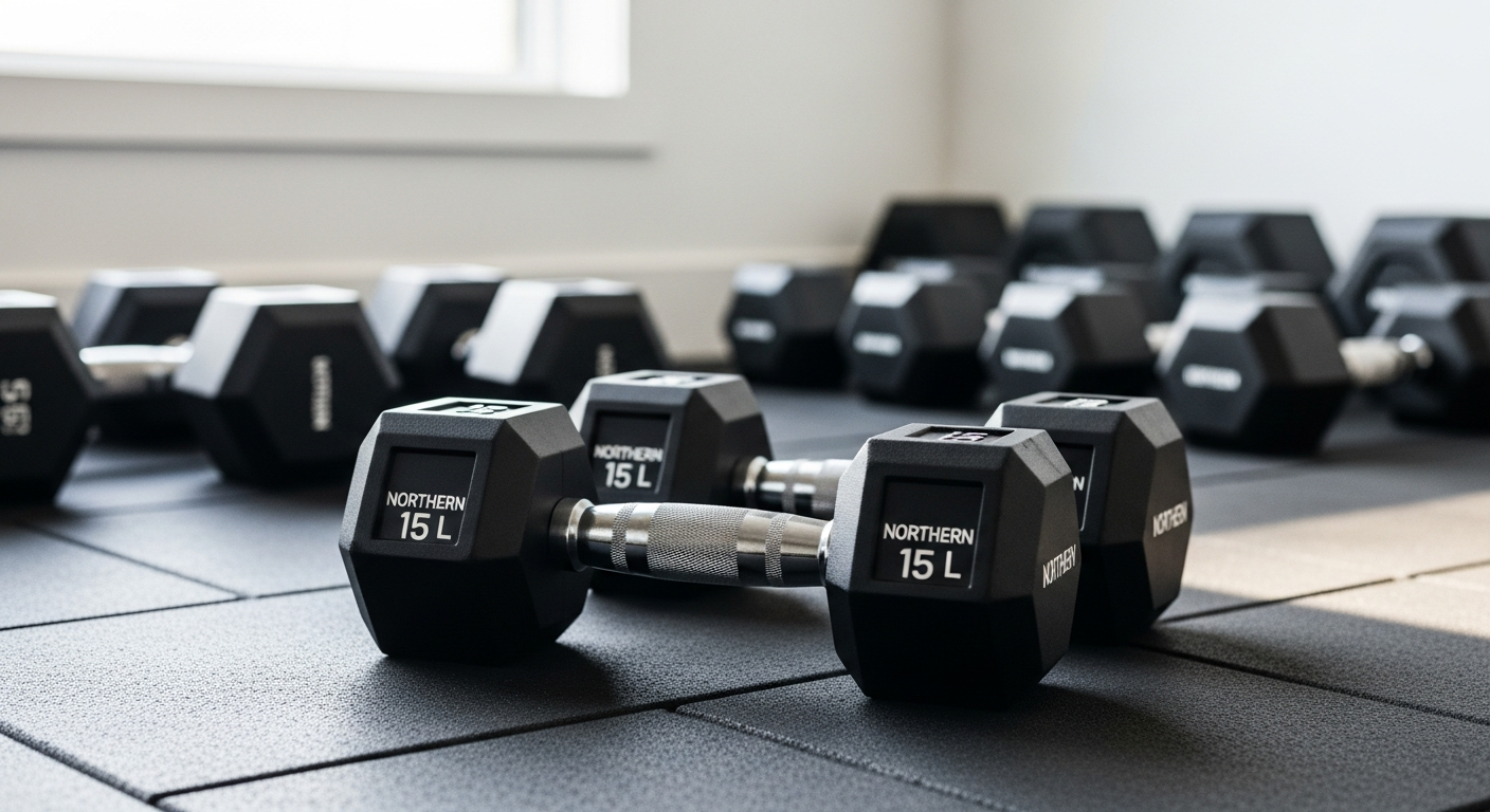 NORTHERN hex dumbbells arranged in a home gym setup with storage rack