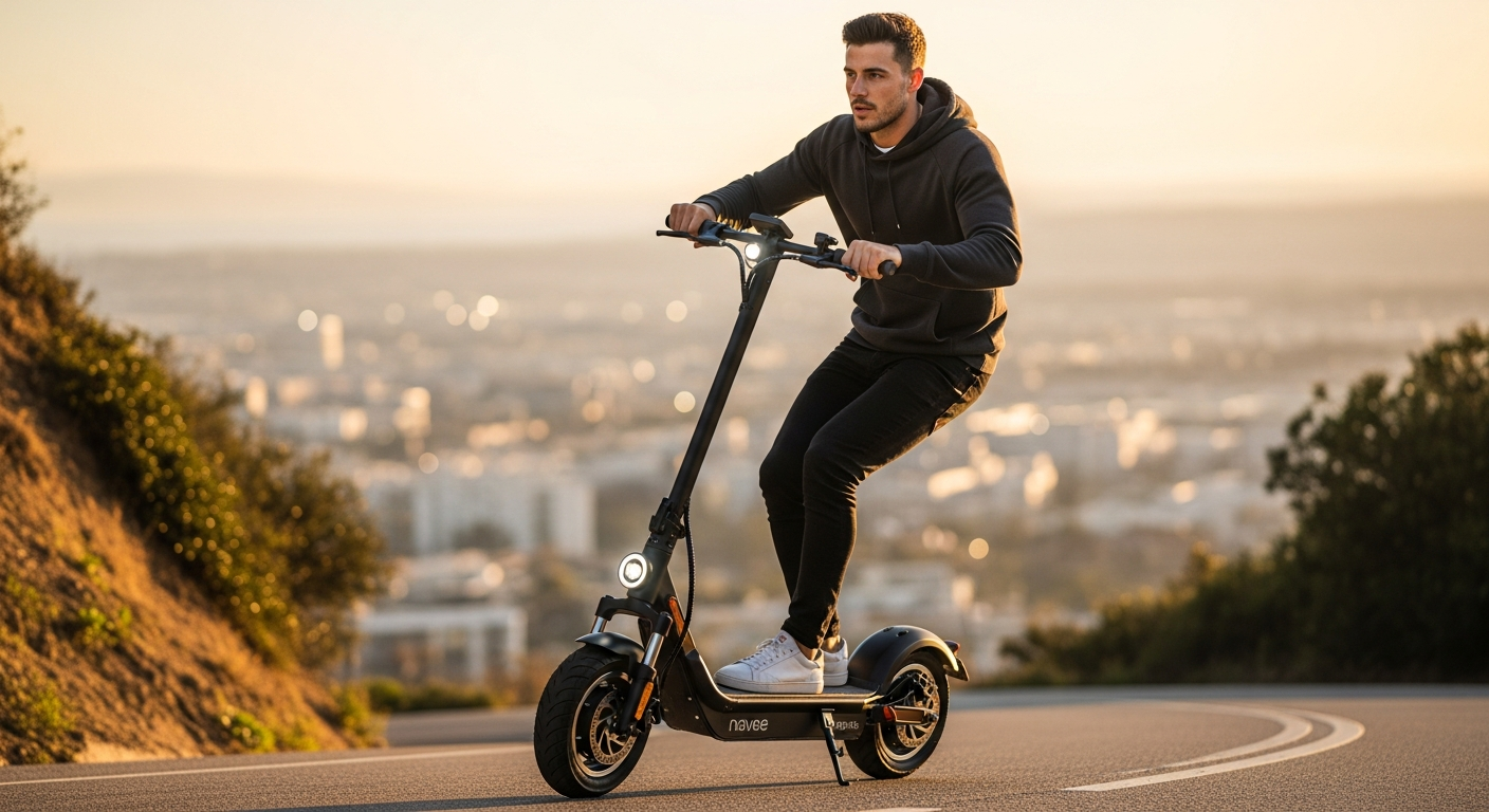 Navee ST3 Pro electric scooter on urban street with hills in background
