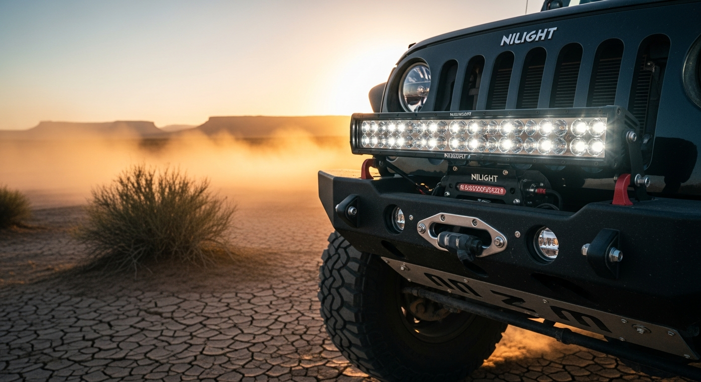 Nilight 20-inch LED light bar mounted on off-road vehicle at night