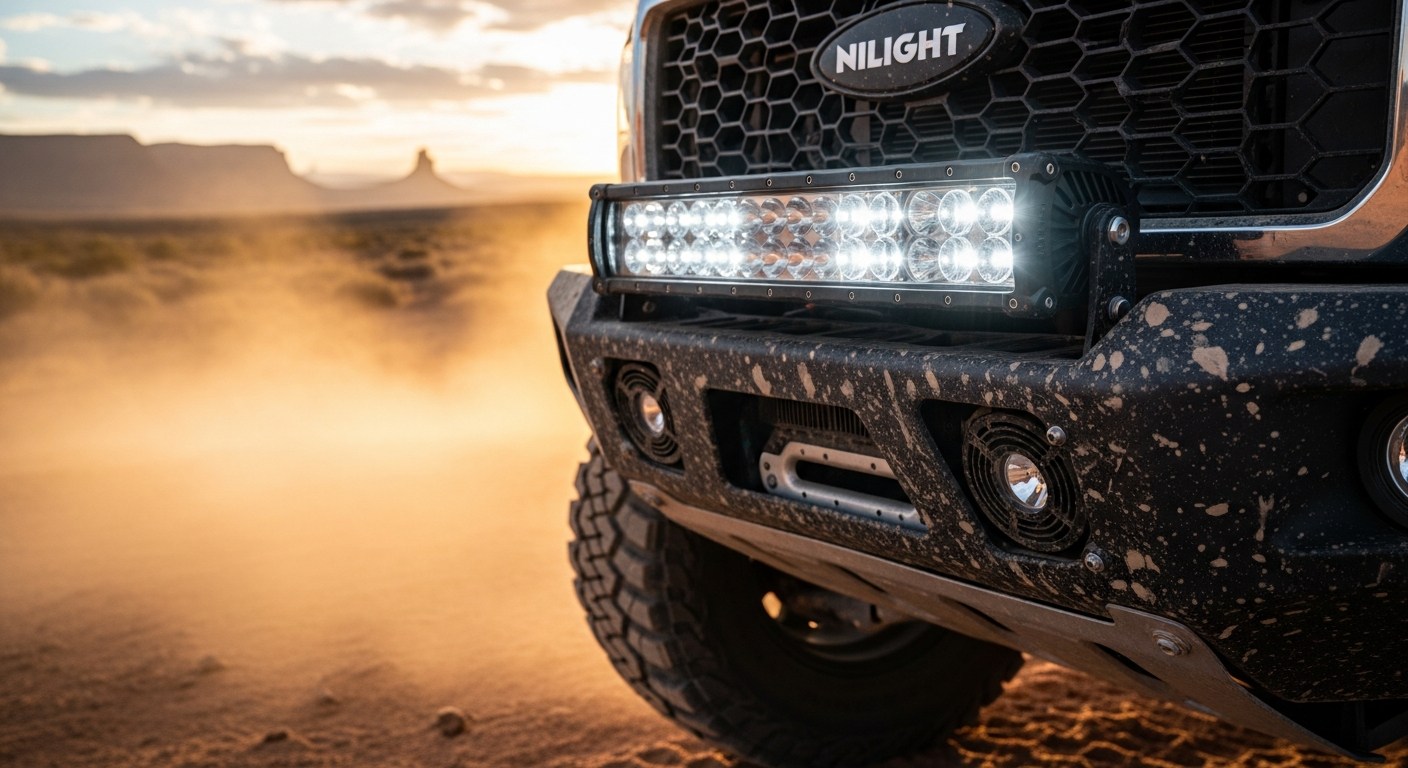 Nilight 7-inch LED off-road light bar mounted on truck bumper in darkness