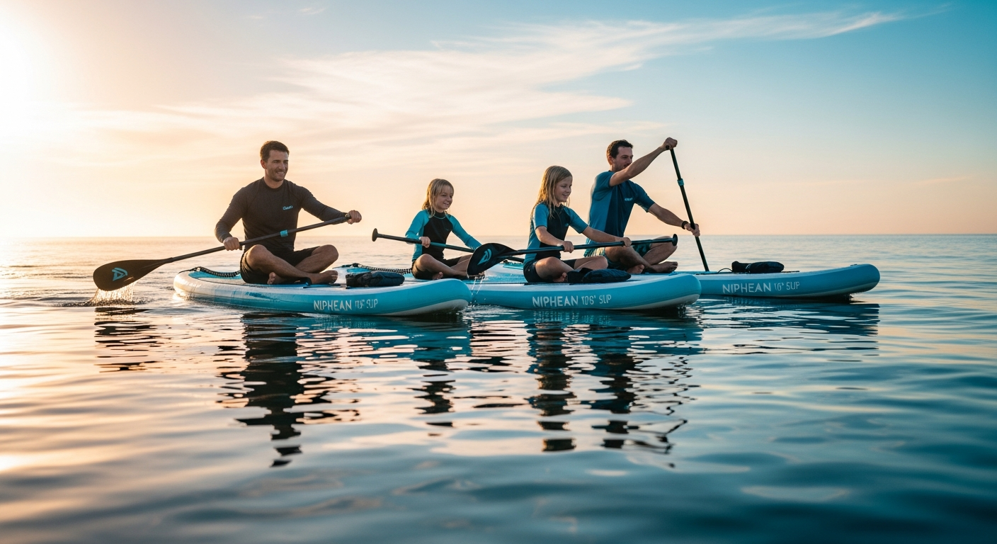 Niphean 10'6" inflatable stand up paddle board on calm blue water with family paddlers