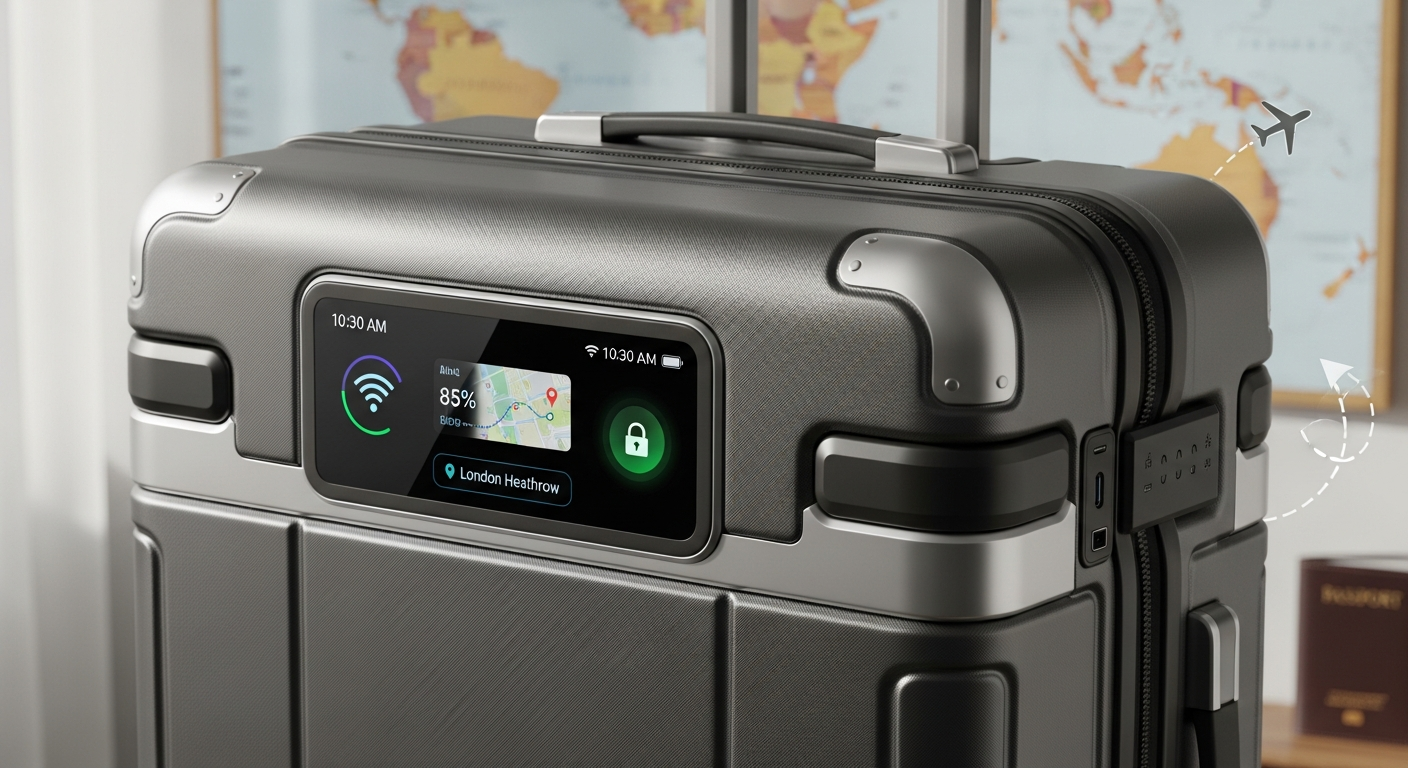 Puccini cabin suitcase with USB charging ports and smart compartments displayed