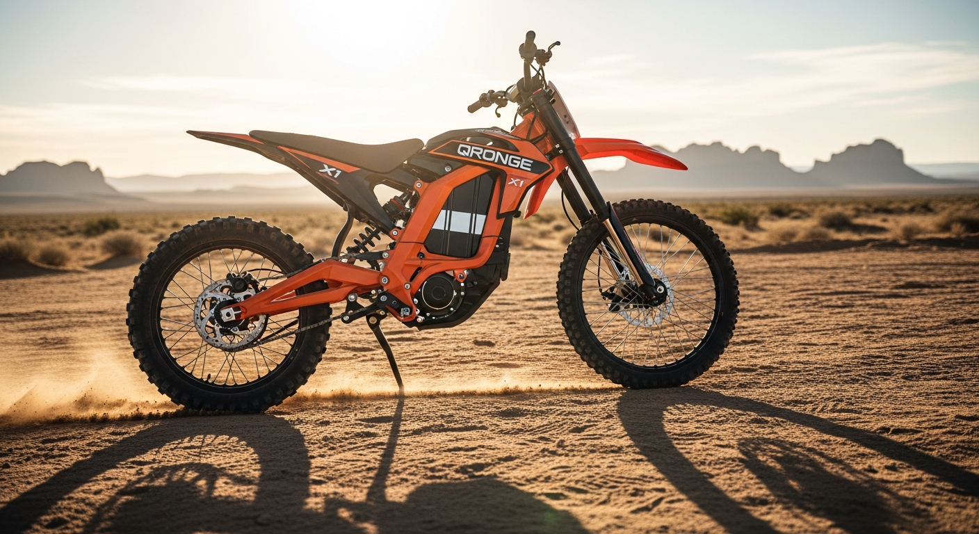 Qronge X1 Spark electric dirt bike on rocky mountain trail with suspension extended