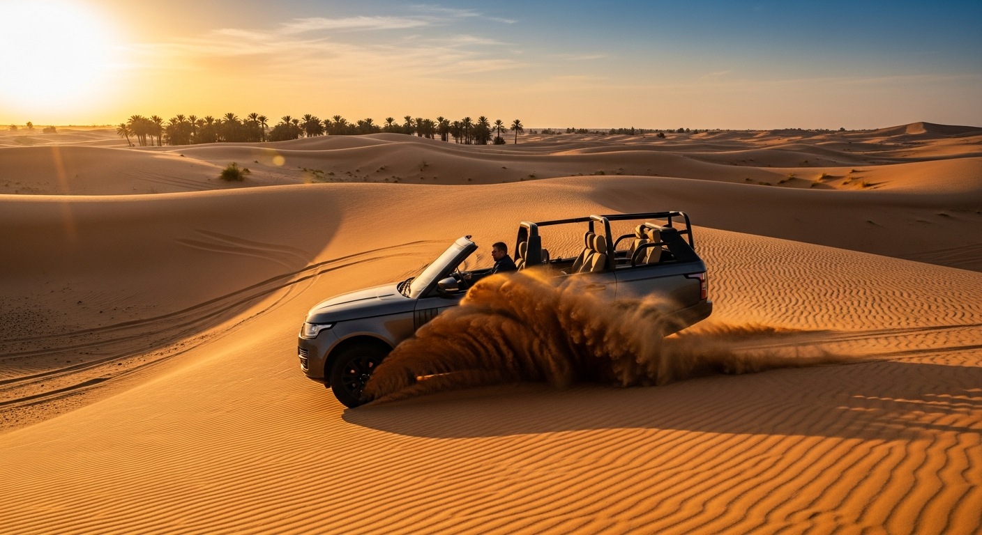 Golden sand dunes with 4x4 vehicle and Bedouin camp tents at sunset