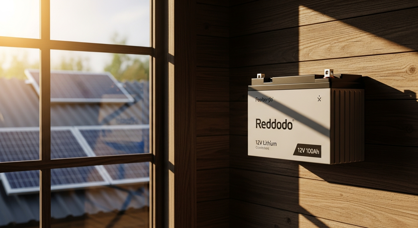Redodo 12V 100Ah LiFePO4 battery mounted in off-grid solar system setup