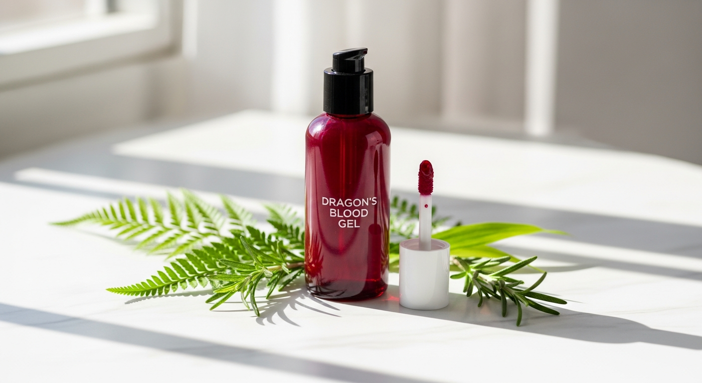 Rodial Dragon's Blood Sculpting Gel bottle displayed on a clean white background with fresh botanical elements