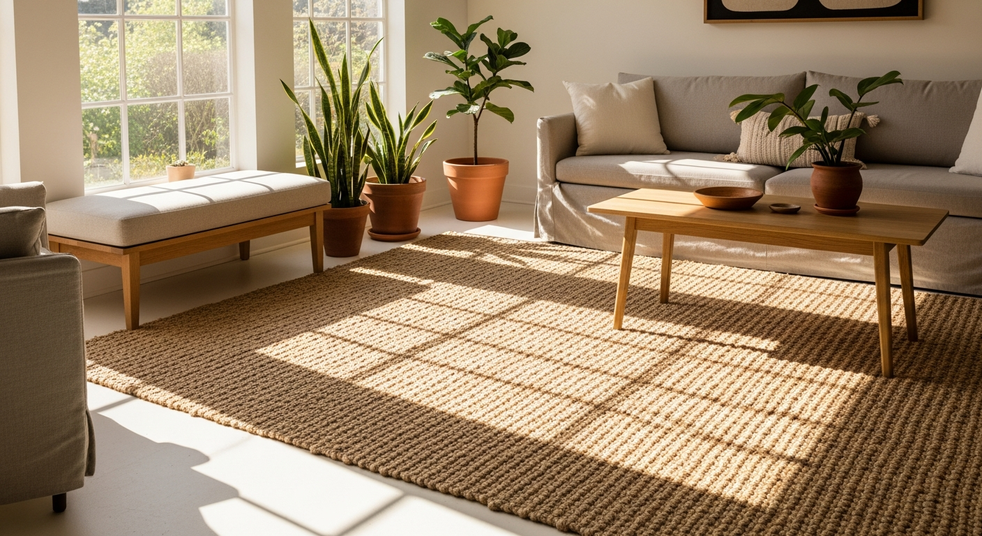 Handwoven natural jute-blend area rug in neutral tone for high-traffic spaces
