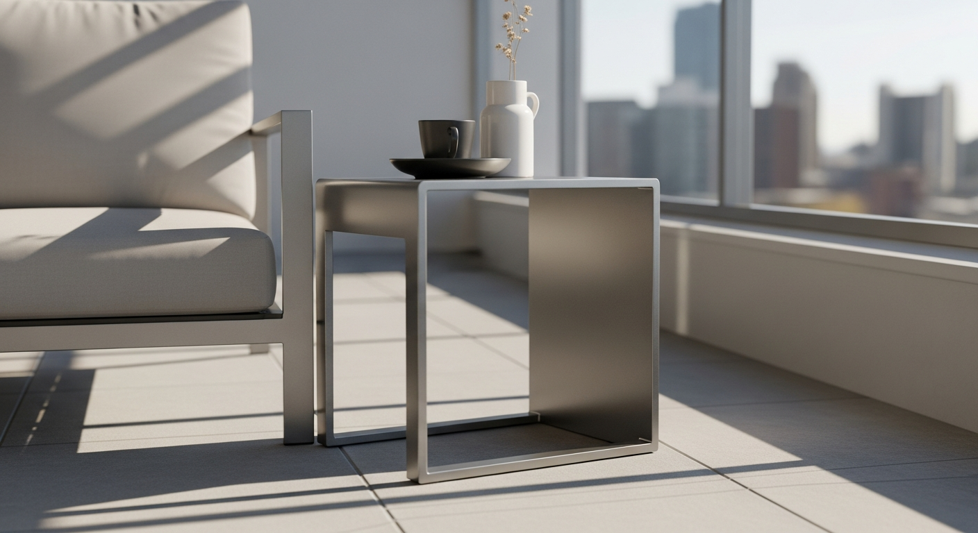 Grand Patio steel outdoor side table in mint green on a small balcony
