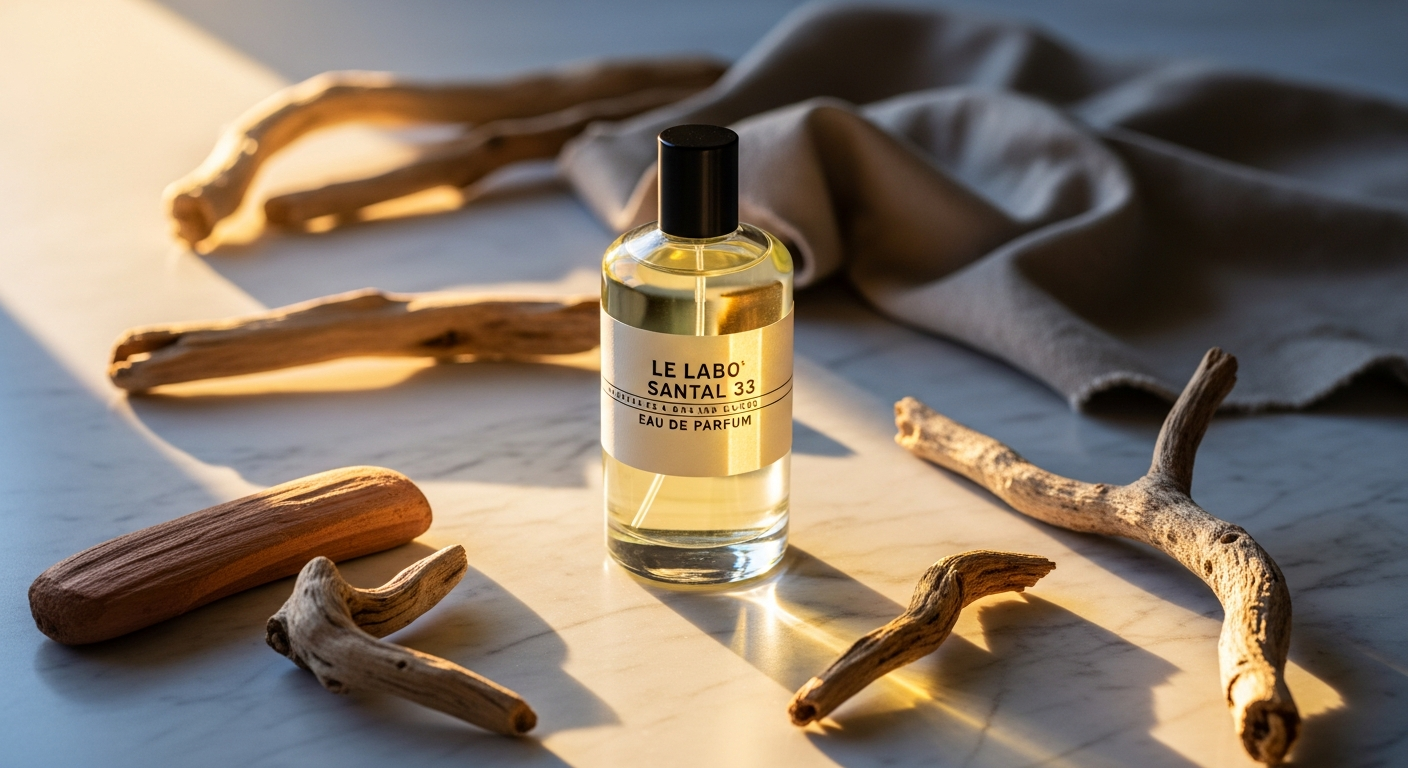 Le Labo Santal 33 Eau de Parfum bottle displayed on luxury retail shelf