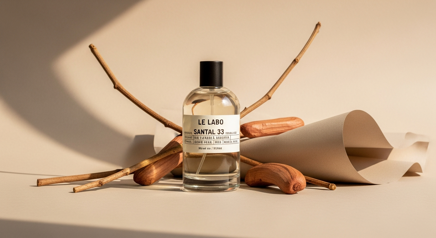Luxury Le Labo Santal 33 Eau de Parfum bottle with minimalist packaging design